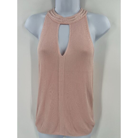 WHBM Medium Pink Ribbed Halter Top Sleeveless Keyhole Mock Neck Sweater Shell - Picture 10 of 11